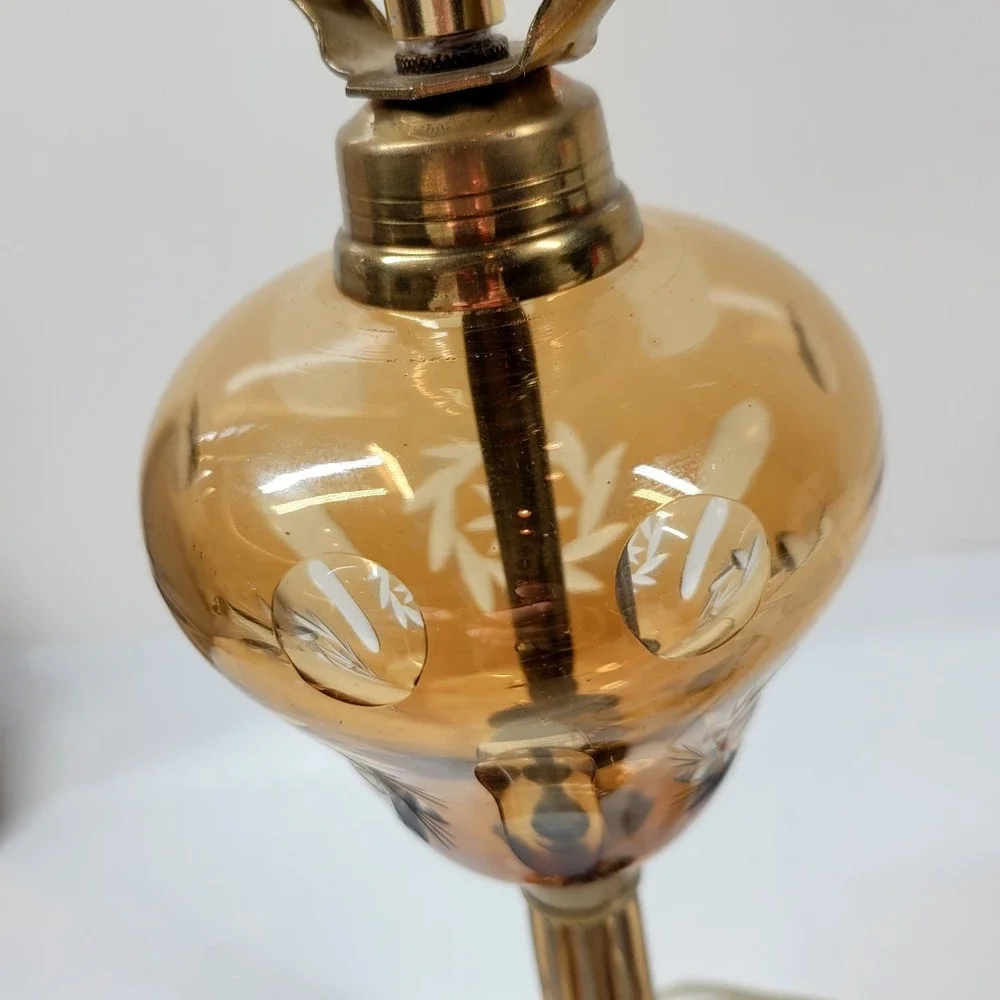 Mid Century Amber Glass Lamp Wheel Cut Starburst Brass Marble Hollywood Regency